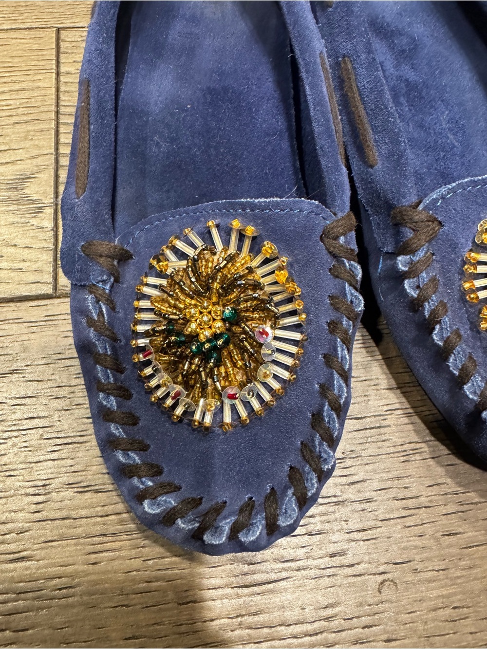 Vintage Miu Miu Navy Suede Beaded Moccasin Loafers 39.5 - Picture 2 of 7